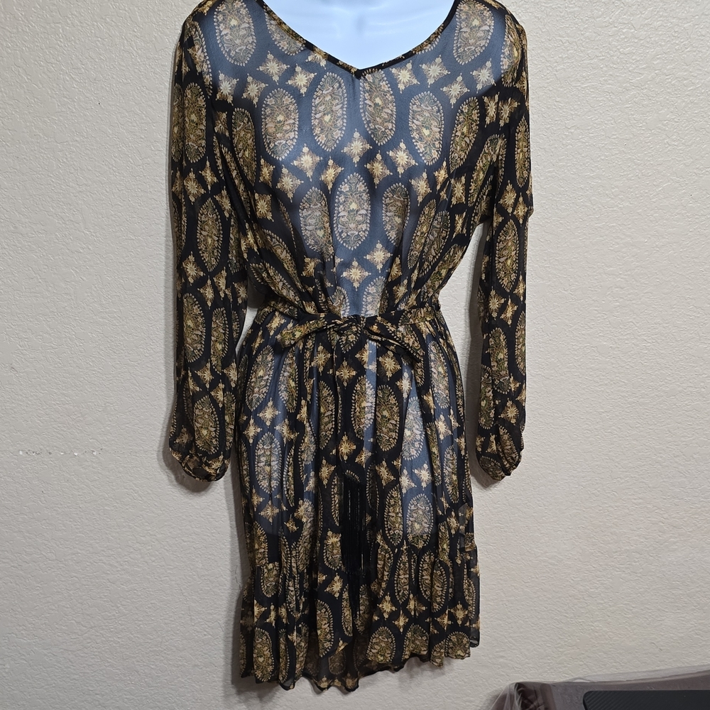 Ella Moss Black & Gold Sheer Waist-Tie Dress
